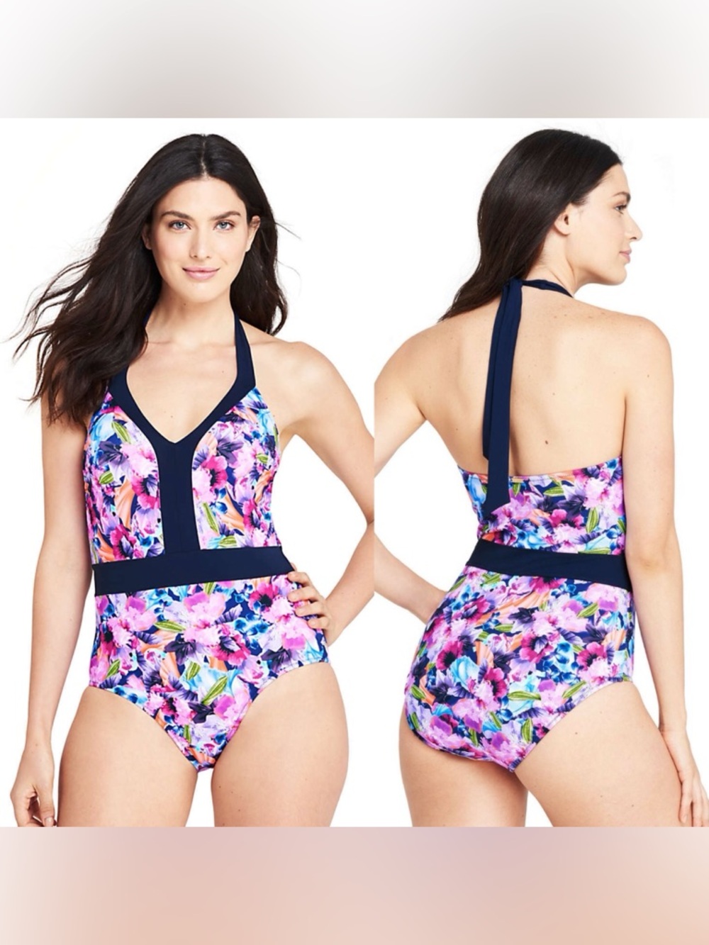Lands’ End Women's One-Piece Multicolor Floral Halter Swimsuit Size 14
